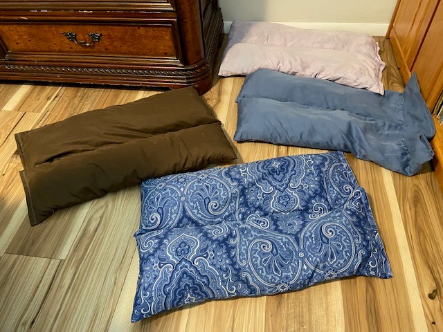 Doggie beds made from quilting material scraps by RWYS Quilting ministry Phoenix, AZ